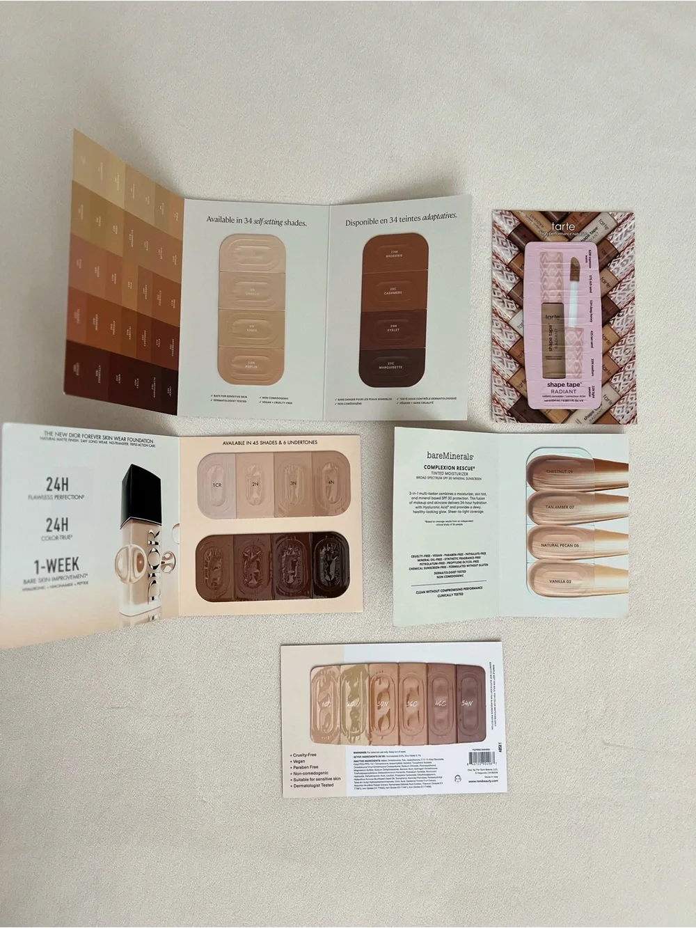 5 Piece Makeup Sample Cards (Dior, Ilia, Tarte, Bare Minerals, Rare Beauty)